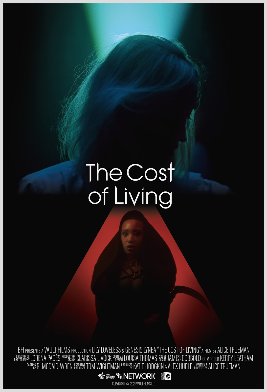 The cost of living film poster showing main caracters in contrasting lights